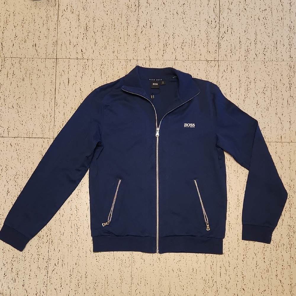 Hugo Boss Navy Blue Full Zip Lightweight Collar Casual Sweater With Subtle Logo